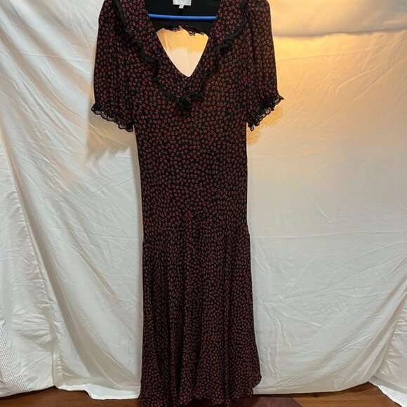 Reformation Evra Lace Trim Floral Crepe Maxi Dress Black Red Print 8 (Fits Small - Picture 6 of 13